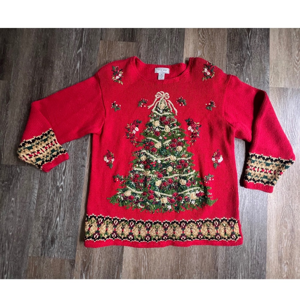 Parisian Works Christmas Sweater Womens 1X Red Embroidered Tree Ramie Cotton